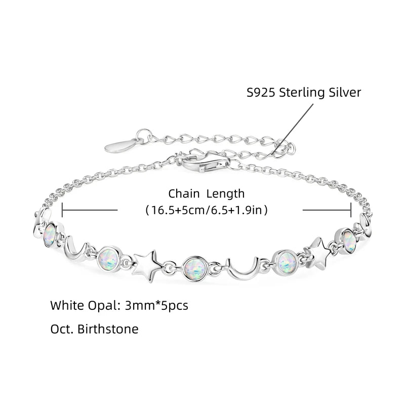 OXTAO Unique Design White Artificial Opal Bracelet Women's Fashion Star&Moon Real 925 Silver Fine Birthday Party Jewelry Gifts