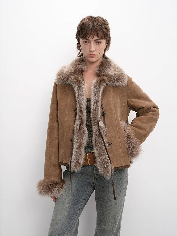 Fireladyfur Women's Shearling Coat - Layered Fox Fur Collar Winter