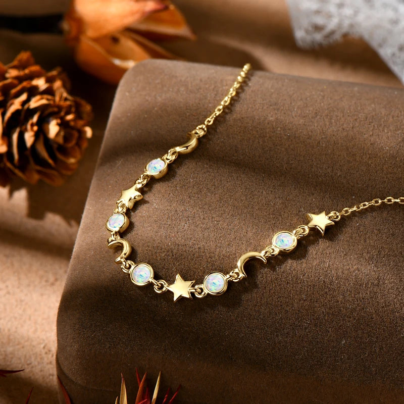 OXTAO Unique Design White Artificial Opal Bracelet Women's Fashion Star&Moon Real 925 Silver Fine Birthday Party Jewelry Gifts