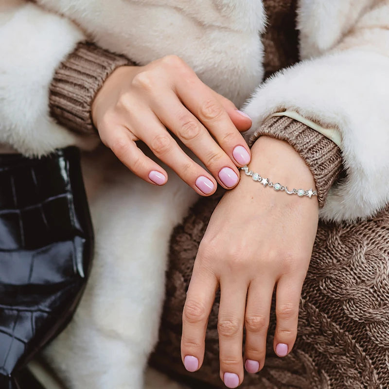 OXTAO Unique Design White Artificial Opal Bracelet Women's Fashion Star&Moon Real 925 Silver Fine Birthday Party Jewelry Gifts