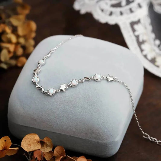 OXTAO Unique Design White Artificial Opal Bracelet Women's Fashion Star&Moon Real 925 Silver Fine Birthday Party Jewelry Gifts